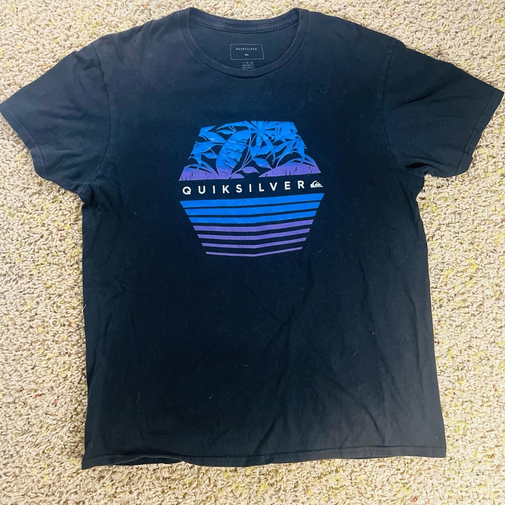 Quiksilver Black Graphic T-Shirt Palm Trees Blue Purple Logo Tee Large
